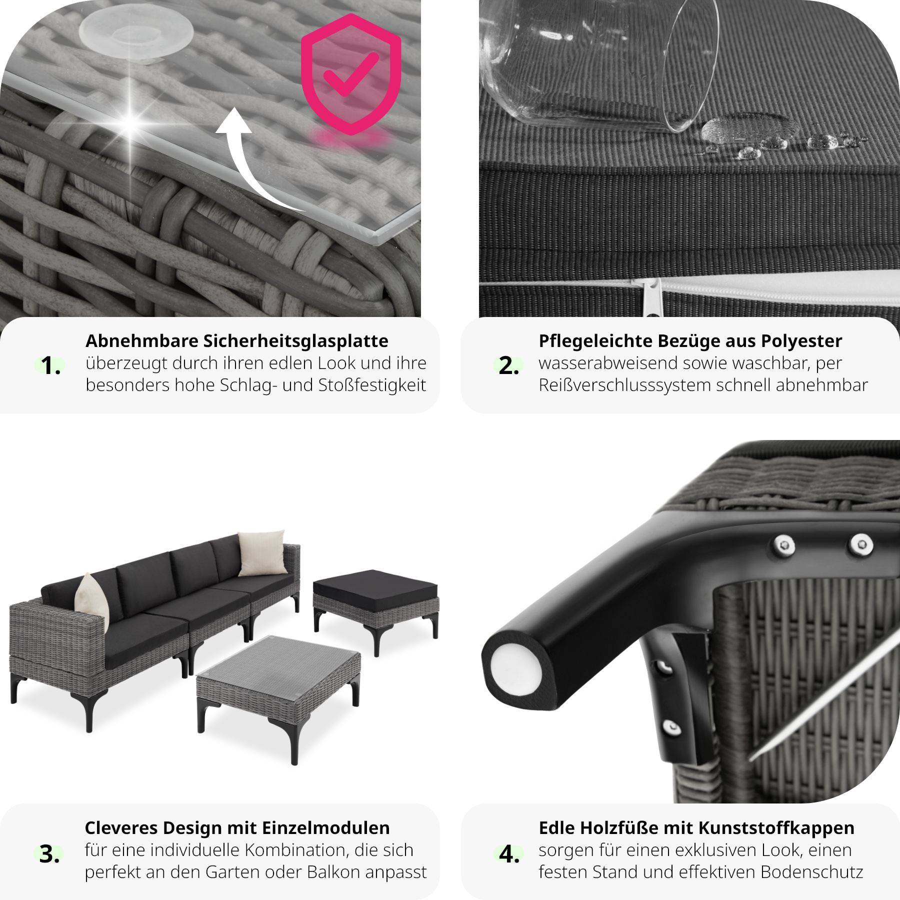 tectake® Rattan Lounge, mit Aluminiumgestell, wetterfest und UV-beständig, mit Sicherheitsglasplatte