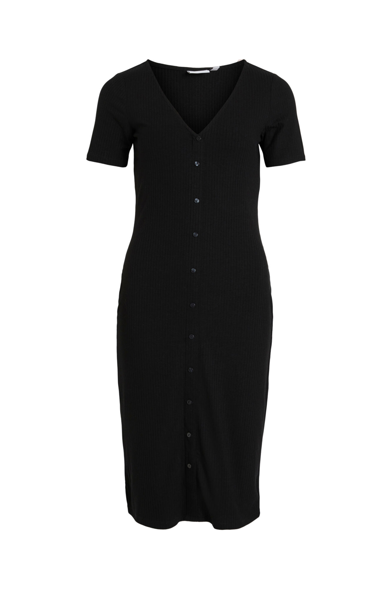 Vestido midi com botões e detalhes em preto.