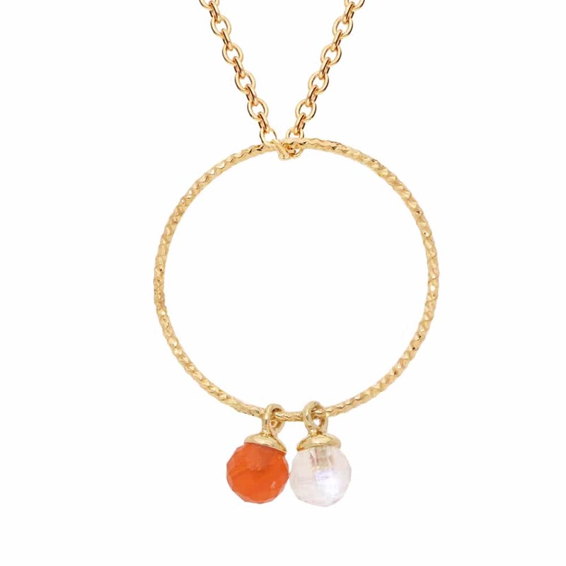 Collier Cercle Argent Dore Pierre De Lune Et Cornaline