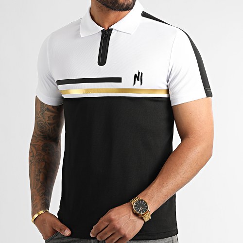 Polo Manches Courtes A Bandes 022 Blanc Noir Doré