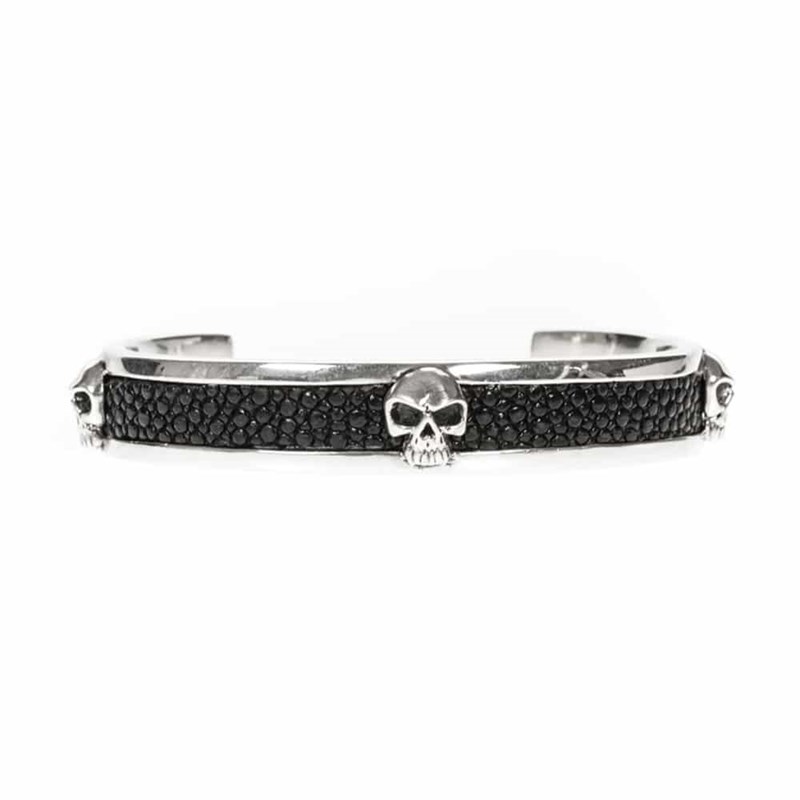 Bracelet Jonc Tête De Mort Argent Et Galuchat