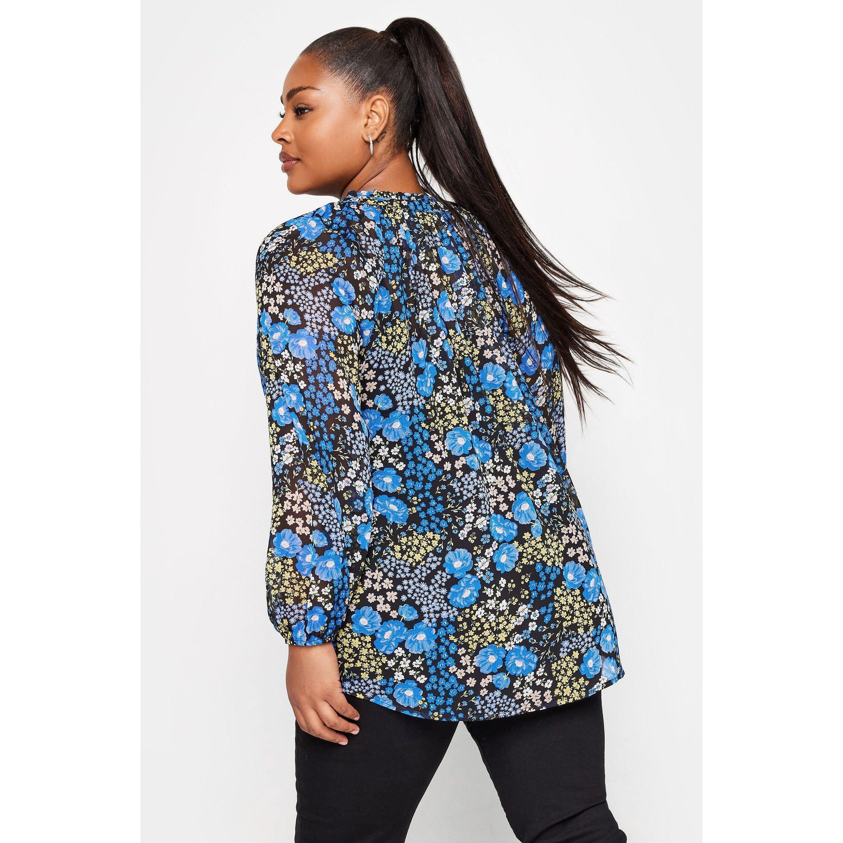 YOURS Yours Curve Tie Neck Pretty Floral Chiffon Top Blue