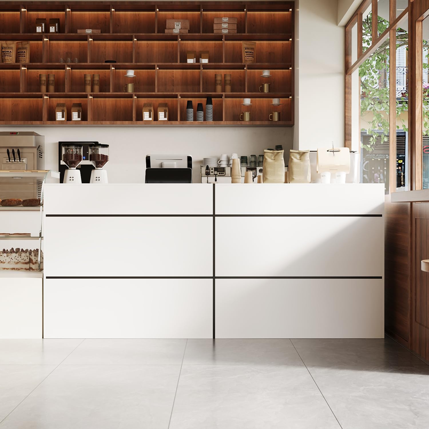 Caldion Empfangstheke, Rezeptionstheke, Empfangstresen,Rezeption-Tisch, Rezeptionsmöbel,Weiß und Schwarze Linien, Bürorezeption mit Ablagefächern, Schreibtisch und Aktenschrank,220x60x100 cm