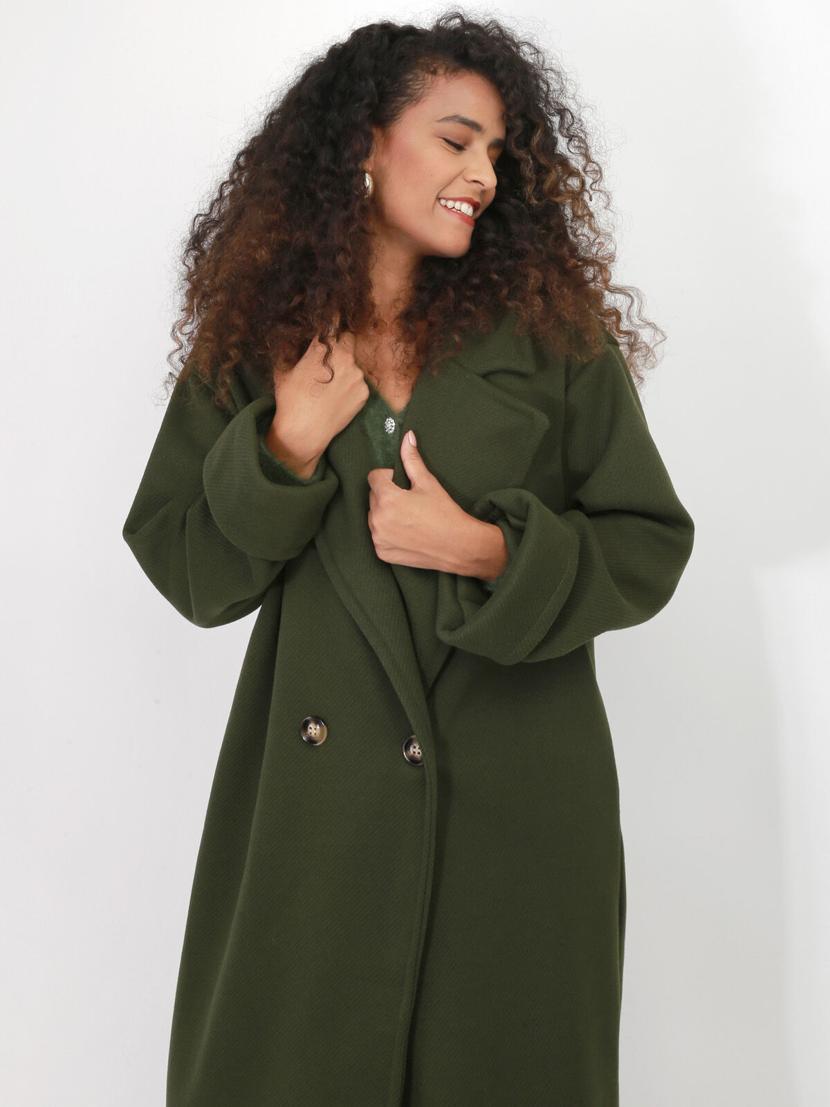 Manteau oversize en maille texturée- Vert foncé