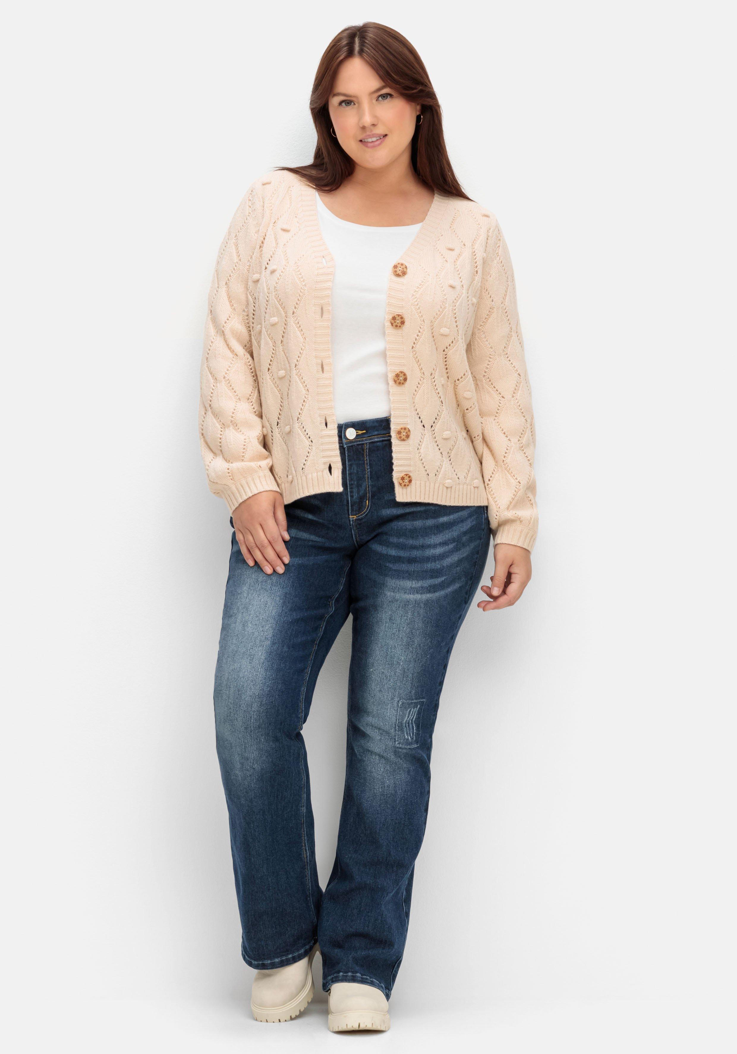 Kurze Lochmuster-Strickjacke mit Wollanteil