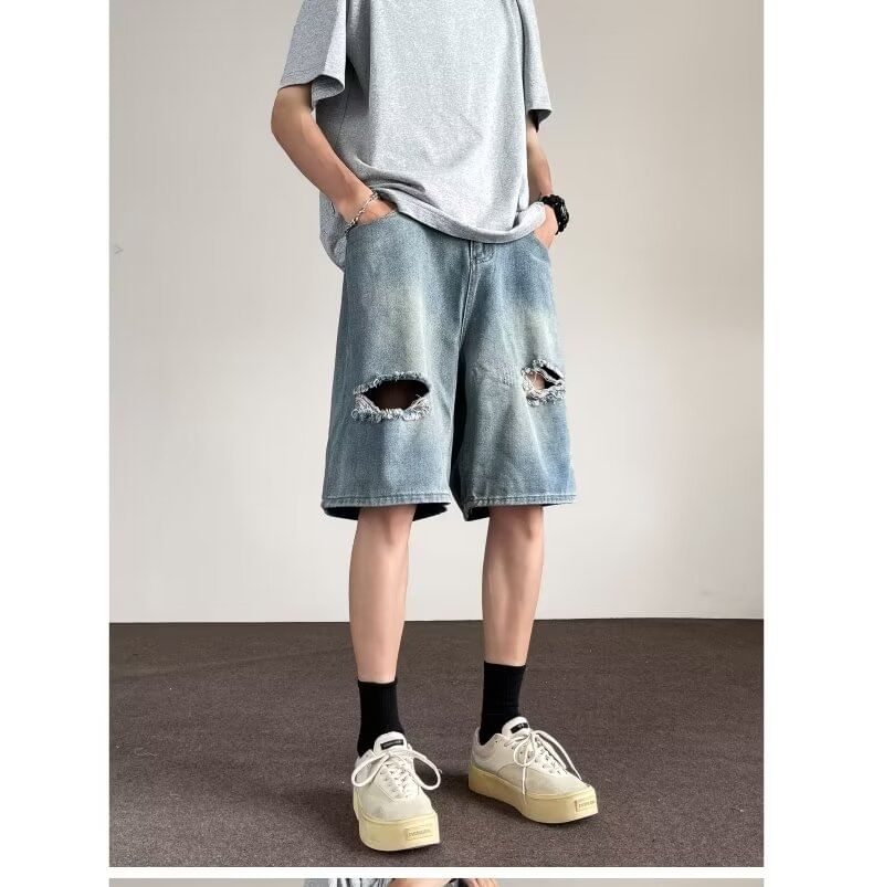 Kimeya - Mid Rise Washed Distressed Wide Leg Denim Shorts