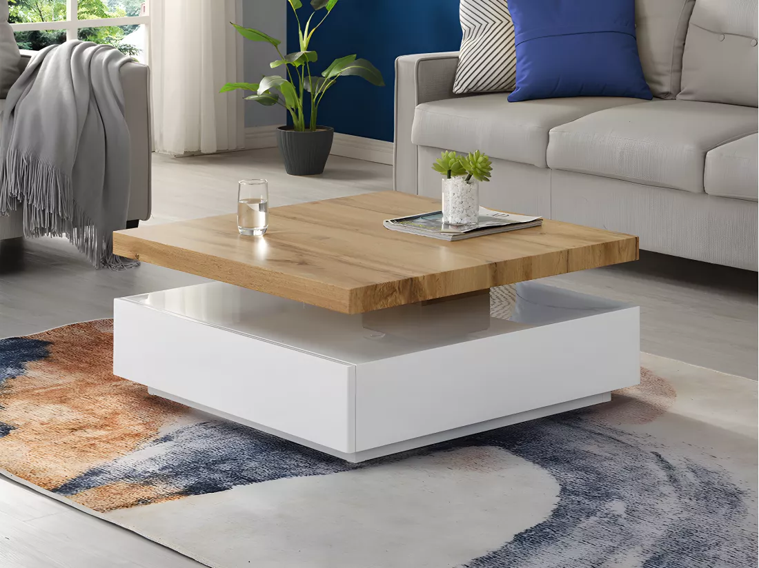 Table basse pivotante avec 1 tiroir en MDF - Blanc et Naturel - KYRIA