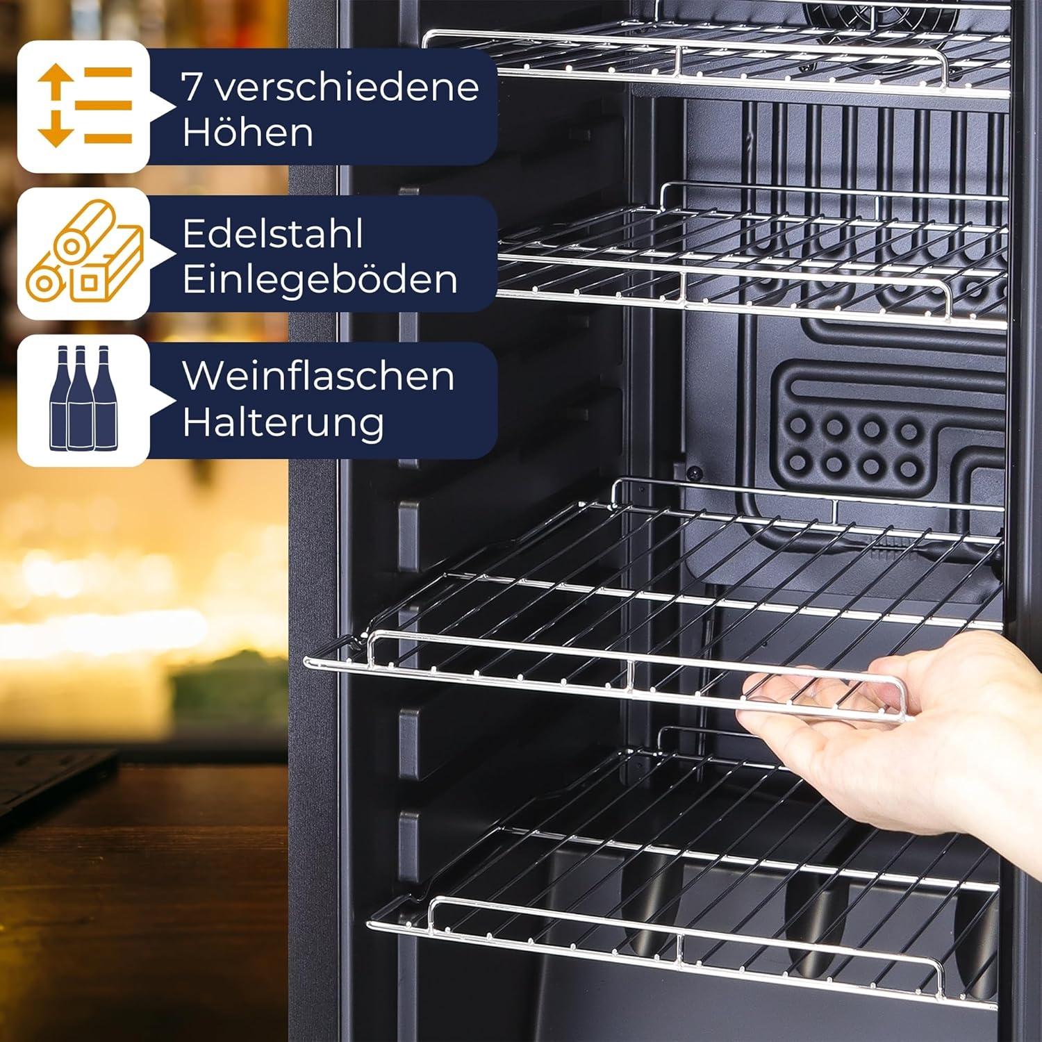 Kühlschrank mit Glastür GK60– Leiser Getränkekühlschrank mit LED, Touchscreen & Schloss kleiner Flaschenkühlschrank schwarz 60L