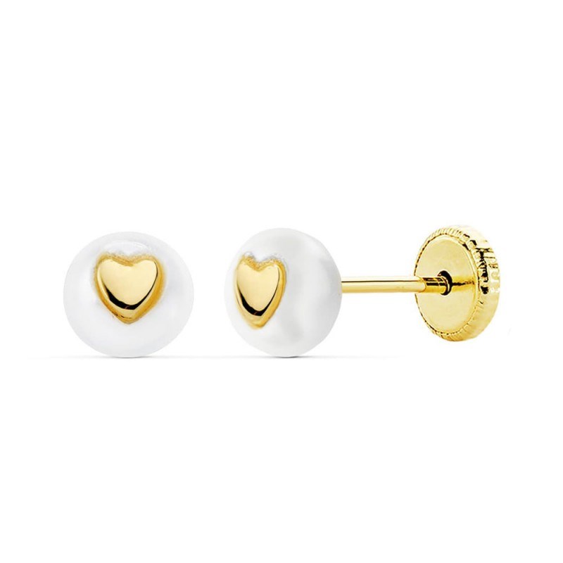 Boucles d'Oreilles Or 18 Carats 750/000 Jaune - Perles de Culture et Coeur