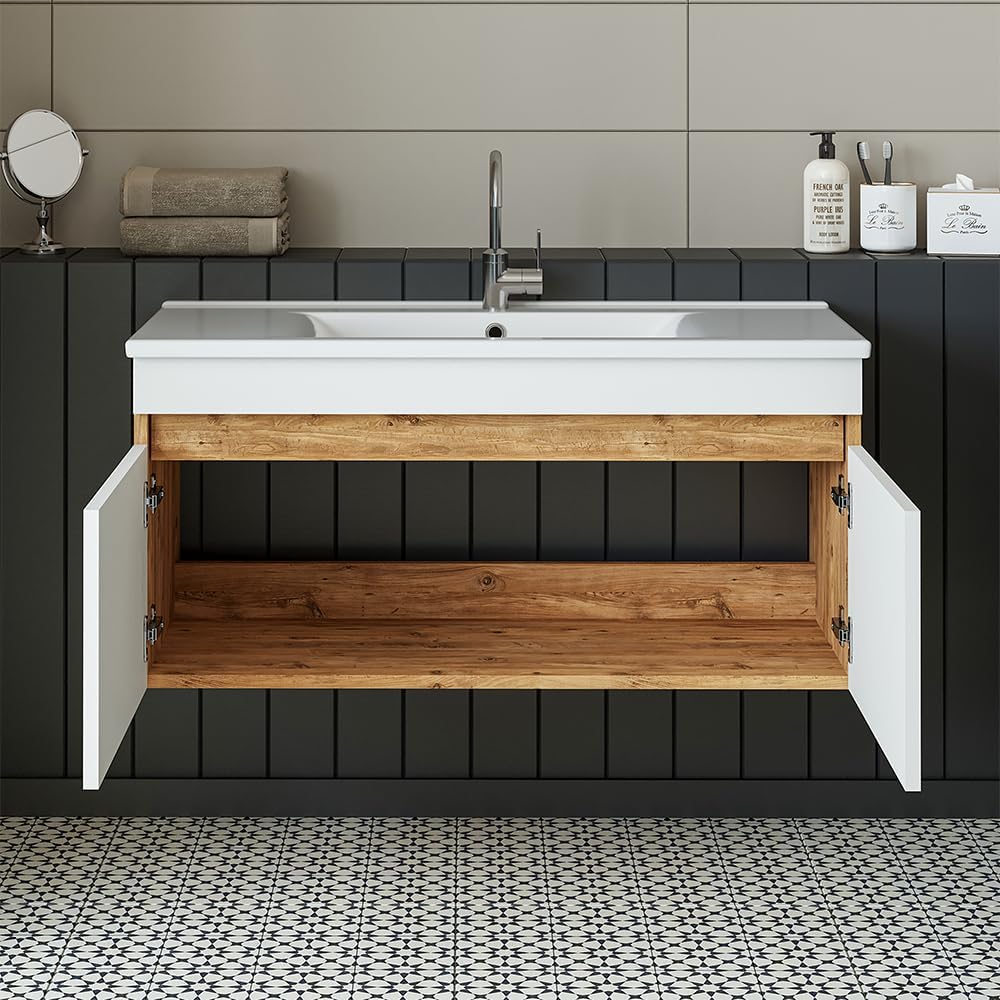• Badmöbel Set • Atria • 65 cm, 85 cm, 100 cm • Weiß • Waschbecken mit Unterschrank (Weiß Eiche, 100 cm)