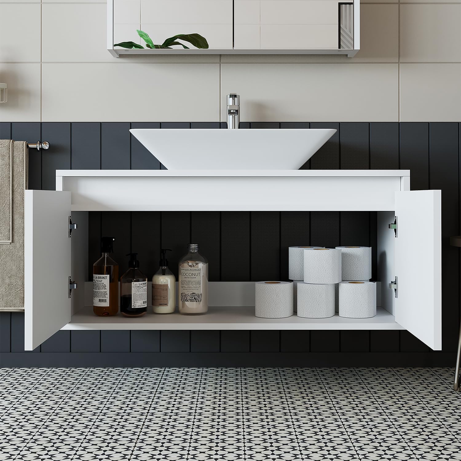 • Badezimmermöbel Set • Atlantic • 4 Teilig Badezimmerschrank • 100 cm Unterschrank mit Keramikwaschbecken • Spiegelschrank • Hochscrank (Weiß, Waschbecken mit Unterschrank)