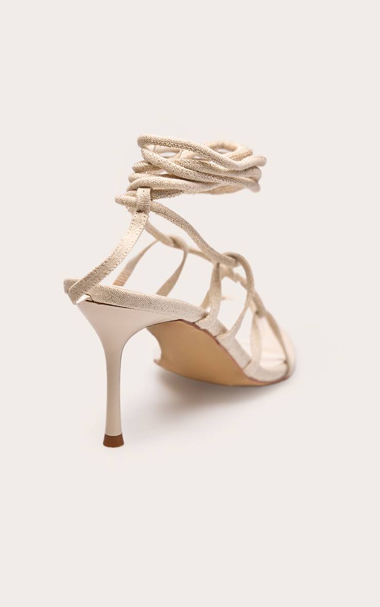 Crème Sandales À Talons En Faux Lin À Lacets