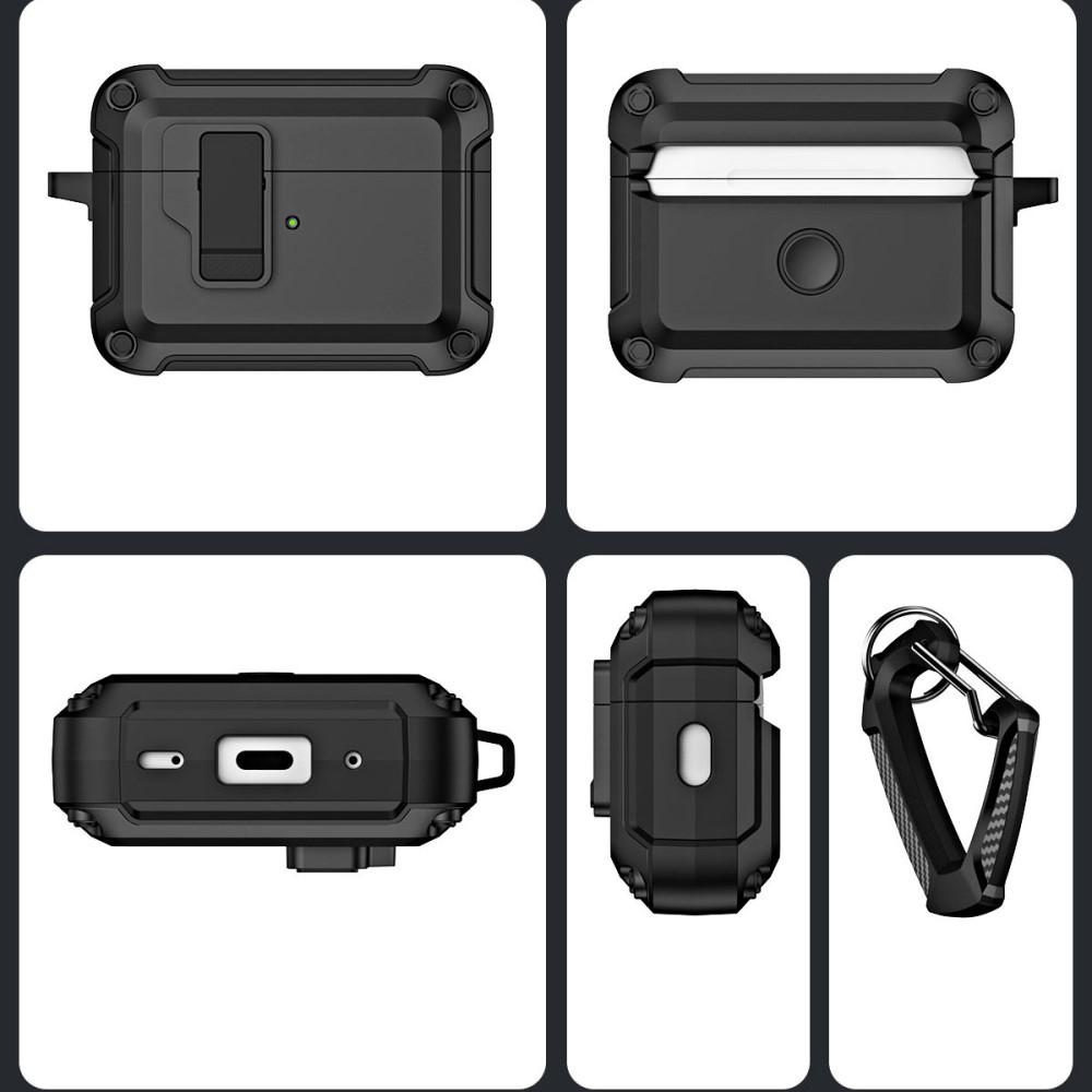 AirPods Pro 2 / AirPods Pro Hybrid Hardcase Schutzhülle mit Verschluss   Karabinerhaken - Schwarz / Blau