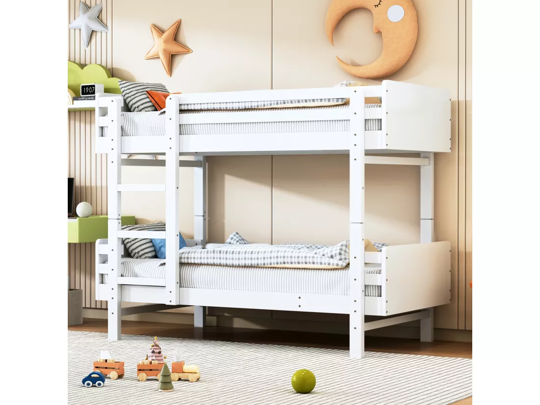 Lit superposé pour enfant blanc 90 x 190 cm, cadre en bois massif, convertible en deux lits à plateforme