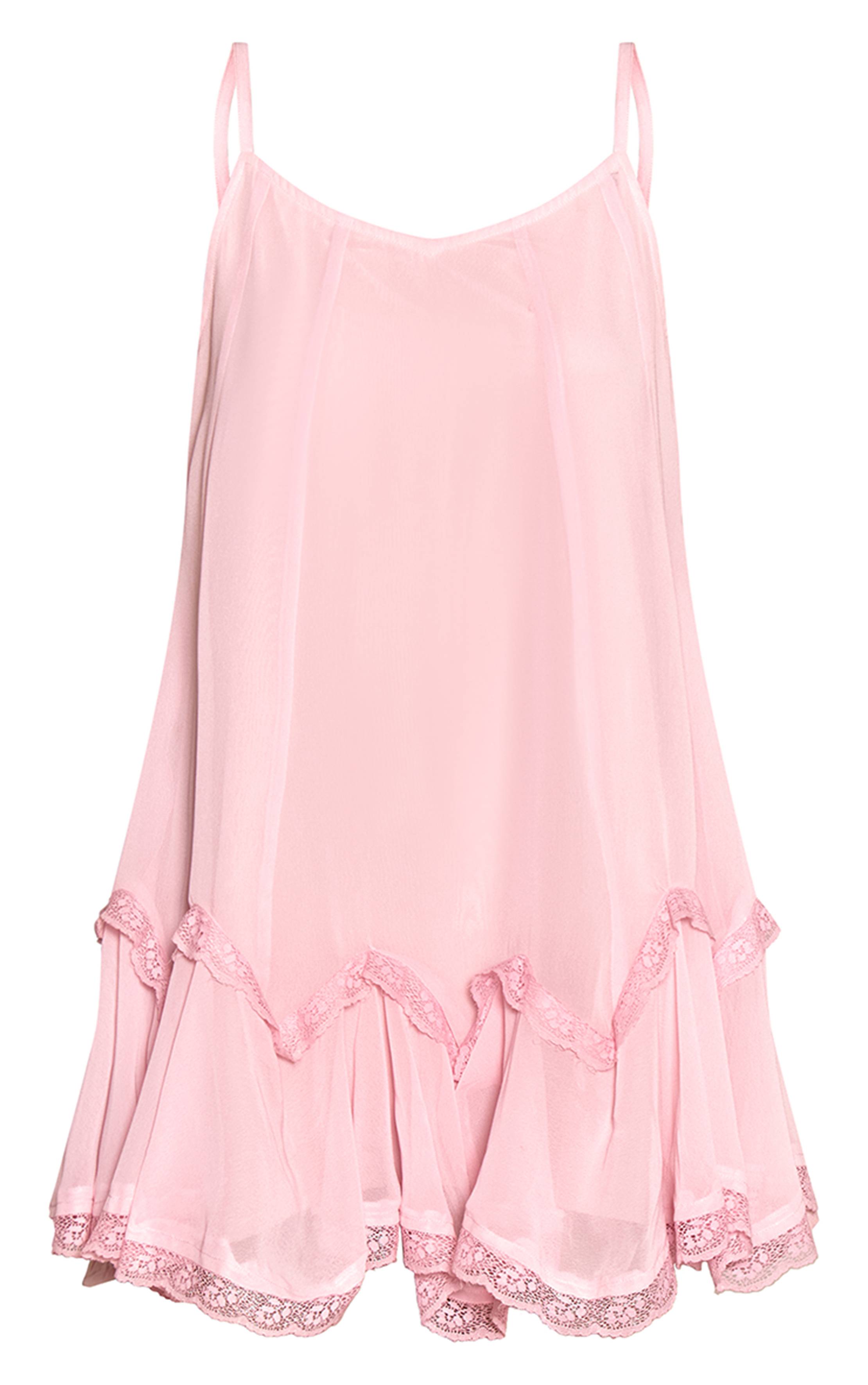 Rose Clair Robe Mini Caraco En Mousseline Et Dentelle