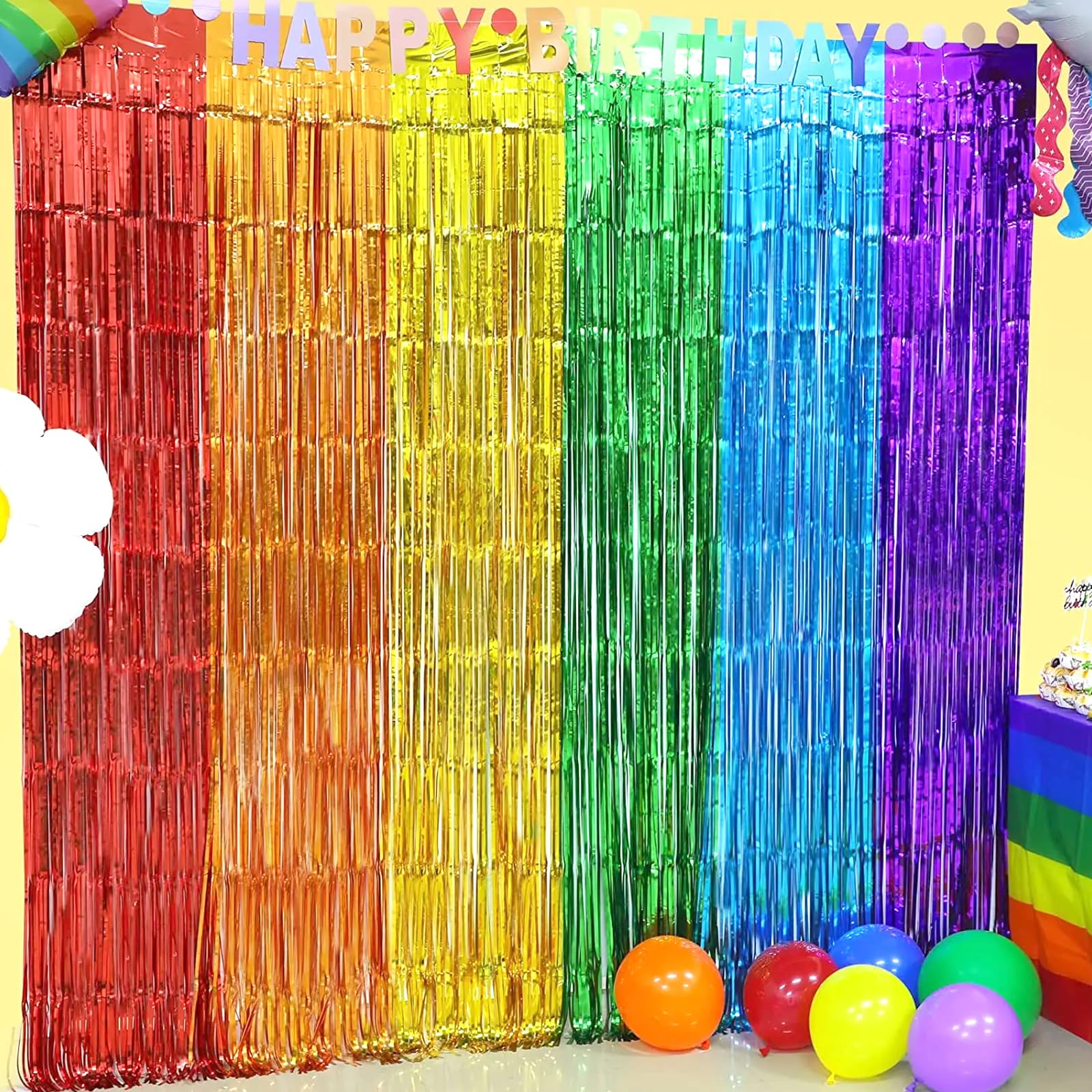 (4er Set) 2x1m Party Deko Metallic Lametta Vorhang Glänzender Fransen Vorhang Regenbogen Foto Hintergrund - Rot / Gold / Blau / Lila / Grün
