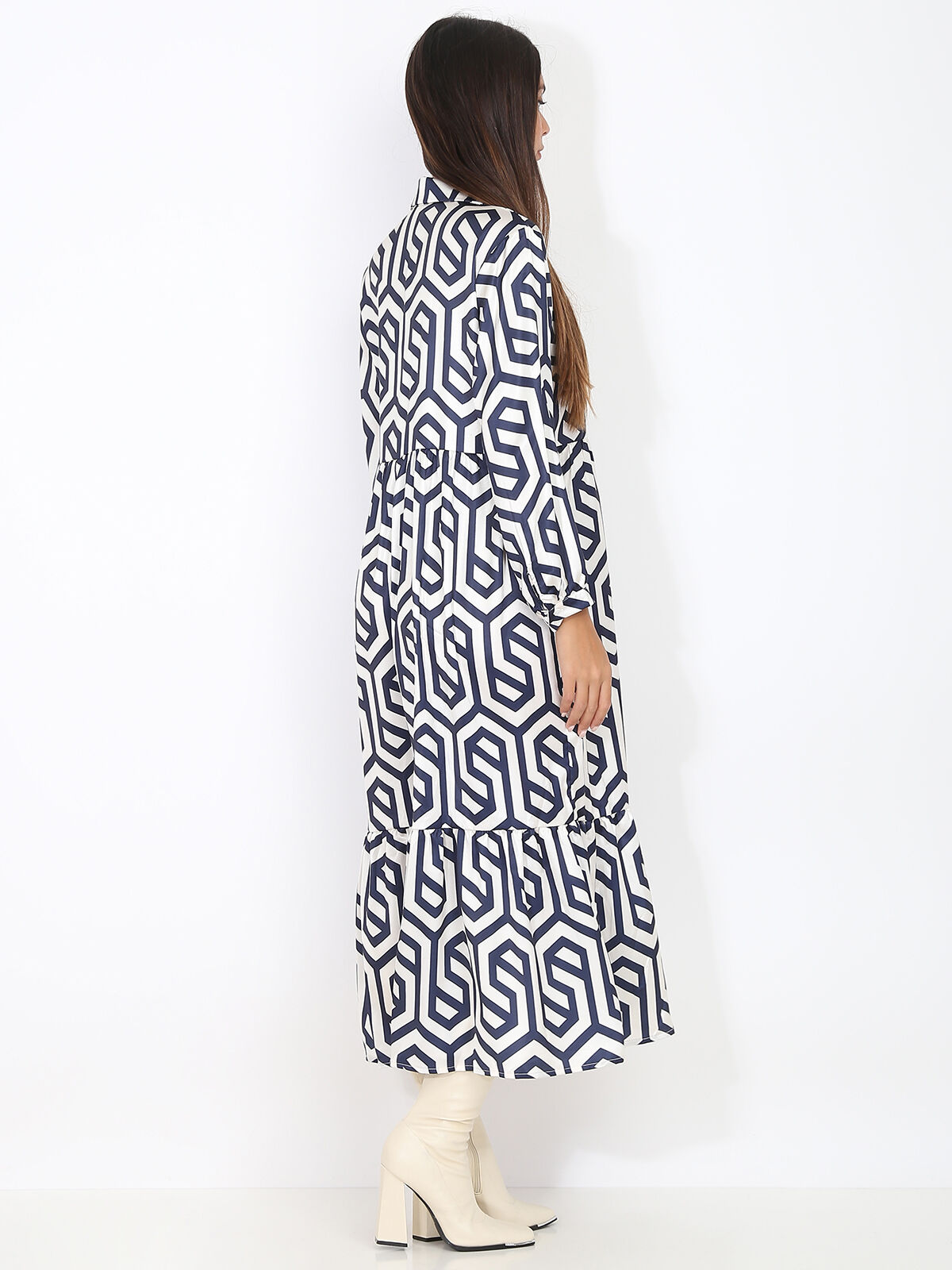 Robe longue évasée à motif rétro- Bleu marine