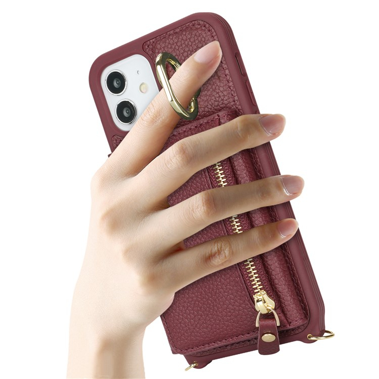 iPhone 12 / iPhone 12 Pro Necklace Leder Hülle mit Münzfach und Kartenfächer   Finger Griff Halterung   Handykette - Weinrot