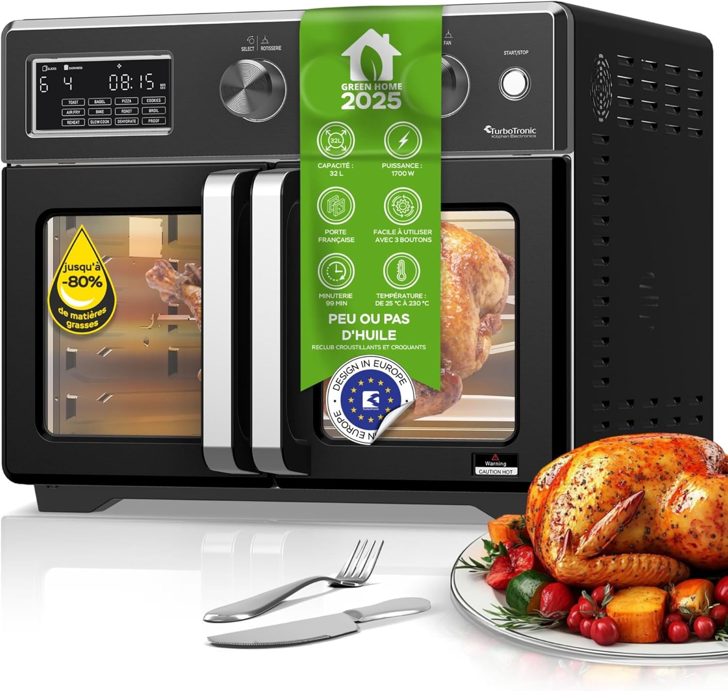 TurboTronic Mini Backofen - 4in1 Heißluftofen und Heißluftfritteuse XXL Version 32L inkl. Drehspieß & viel Zubehör, Dörrgerät ab 25°C & Grill, Airfryer, kleine Mini Tisch Back Pizzaofen (schwarz)