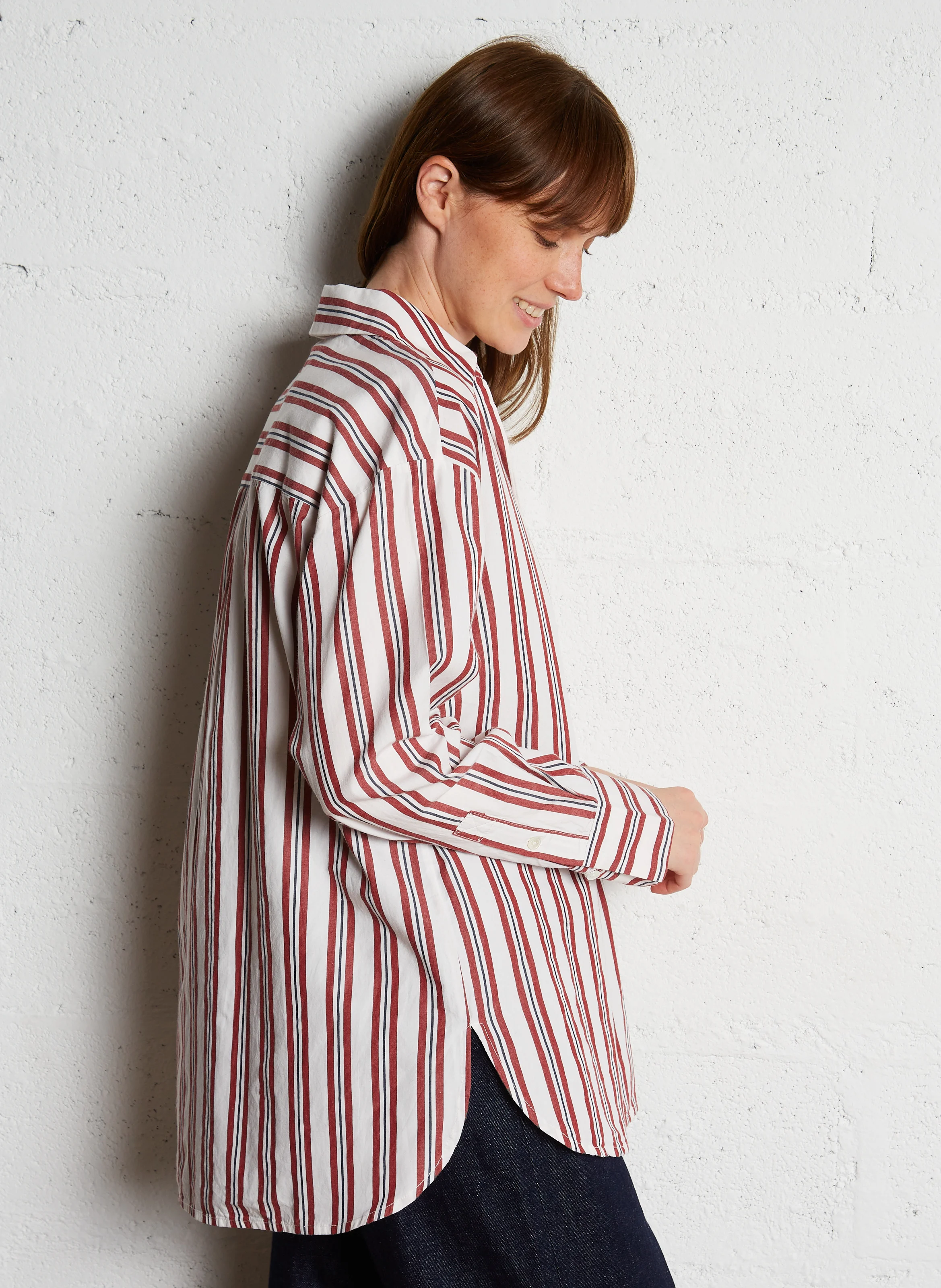 ANNABELLE - Tunique col classique ample en coton rayé | Rouge