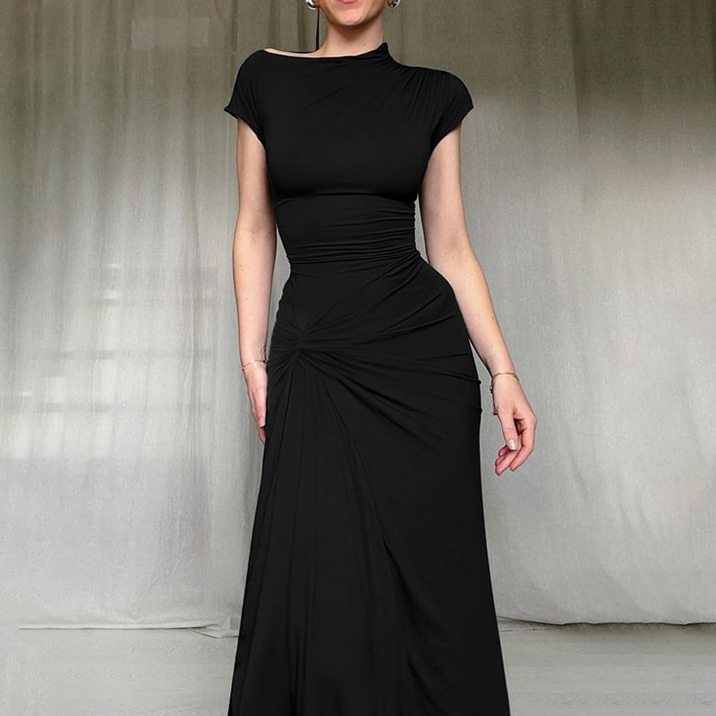 Leandrillo - Maxi-jurk met korte mouwen, asymmetrische hals, effen knoop, gerimpelde split en split