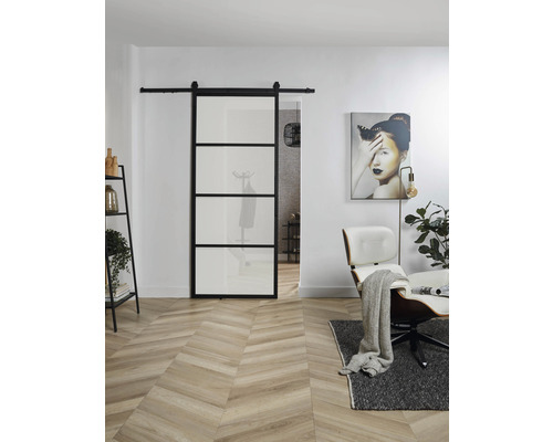 Intersteel Cubo Basic schuifdeur complete set, zwart, met gehard veiligheidsglas (ESG) satijnglans, 98x215 cm, inclusief deurblad, Basic schuifdeurbeslag en krukset.