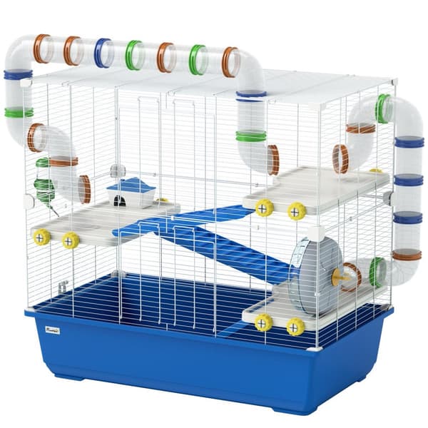 Hamsterbur for dverghamstere 4-lags gnagerbur Smådyrbur med hjulfôringsskål og tilbehør Stort musebur 78 x 45 x 73 cm Blå