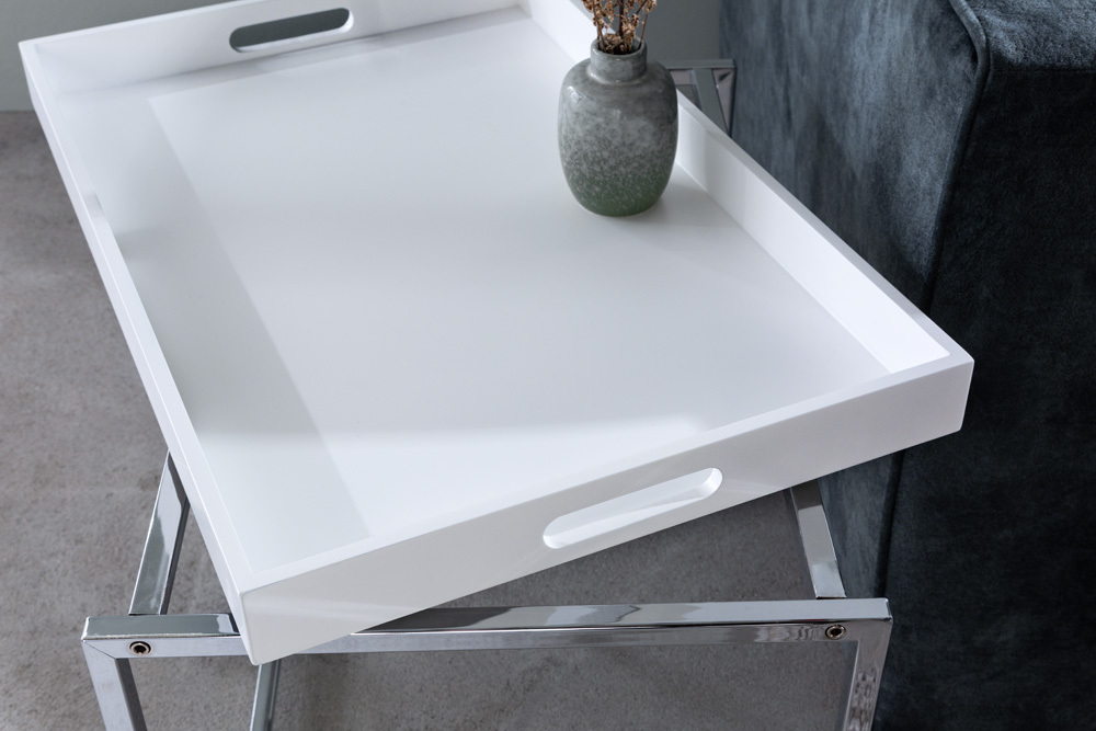 Modernes Couchtisch 3er Set ELEMENTS 75cm weiß Chrom abnehmbares Tablett