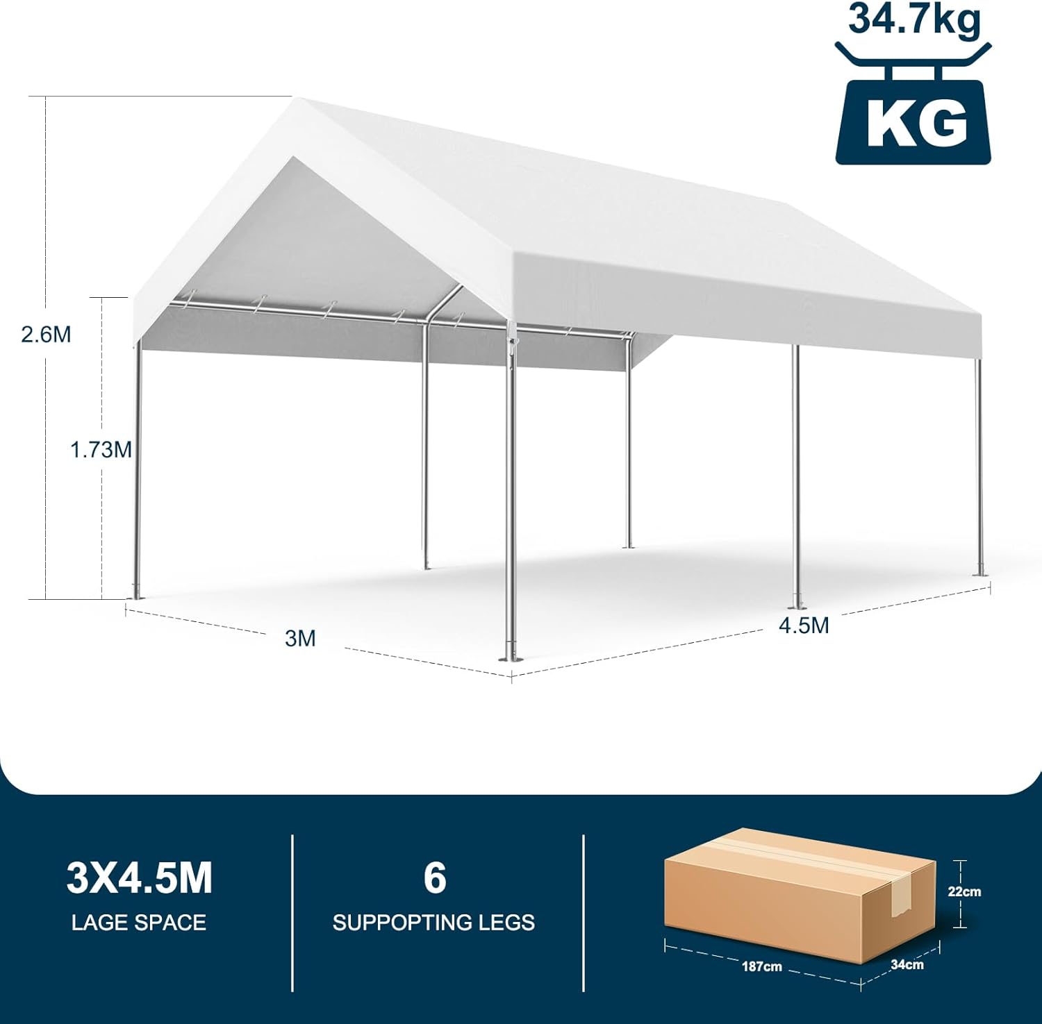 MasterCanopy 3 x 4,5 m verzinkter Stahl Garagenzelt Lagerzelt Gerätehaus Carport PE Dach, Weiß