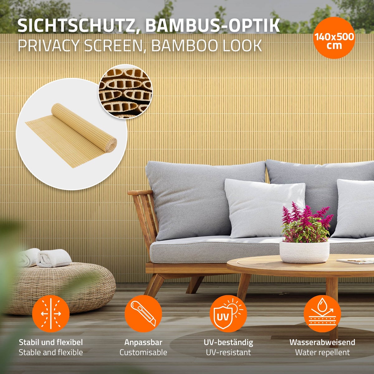 ECD Germany PVC-inkijkschermmat 140x500 cm, bamboe, inkijkscherm met 3-voudige wapening, UV-bestendig, waterdicht, windwerend, balkonbekleding, schuttingscherm, inkijkscherm voor tuin, balkon, terras