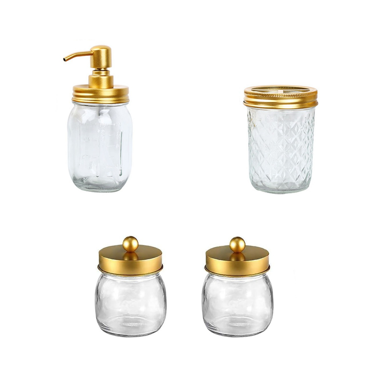 (4-tlg. Set) Einmach Glas Spender Badezimmer Accessoire Bad Essentials - Gold / Transparent