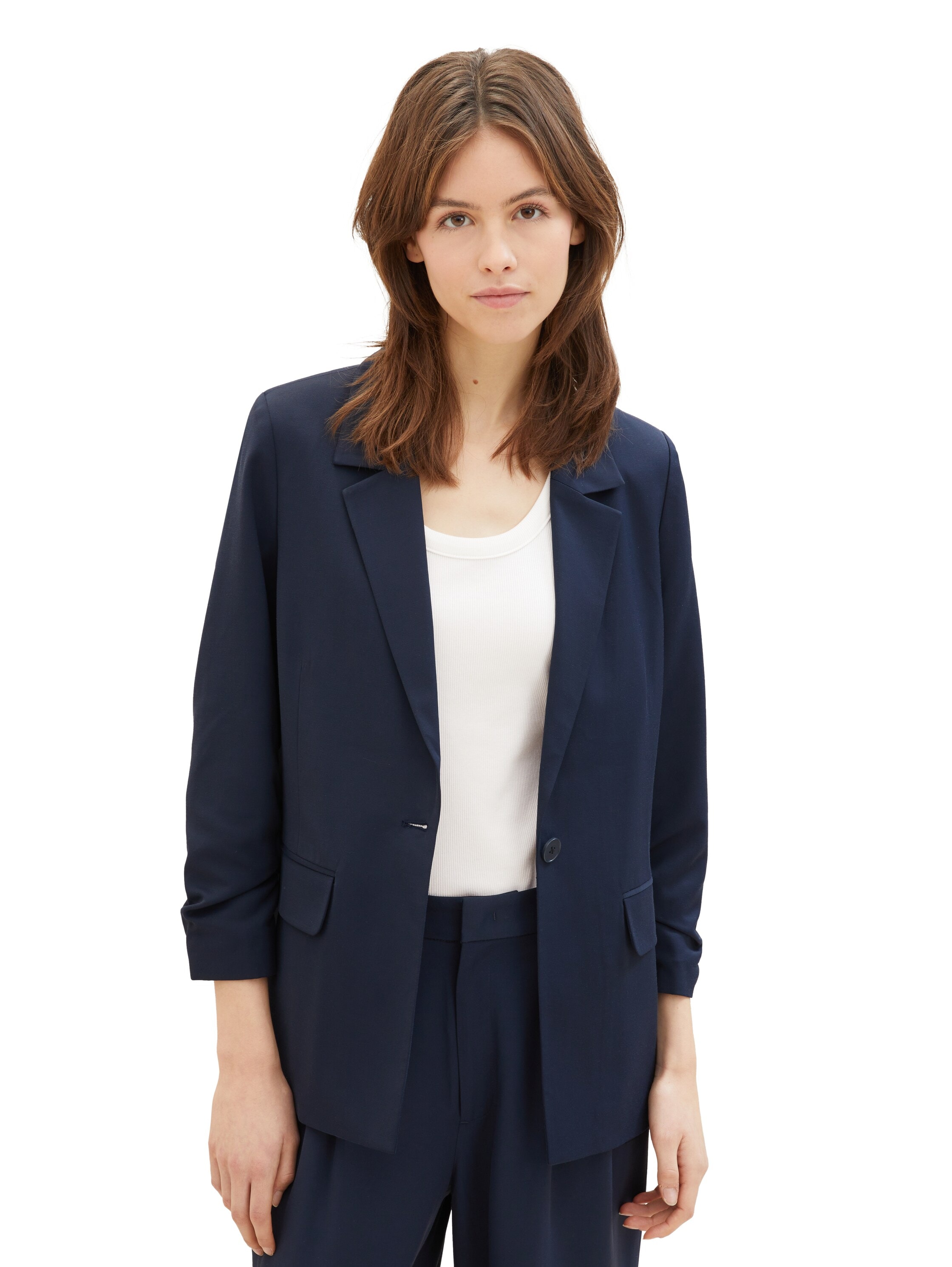 TOM TAILOR Denim Kurzblazer , mit gerafften Ärmeln und fliessender Viskose