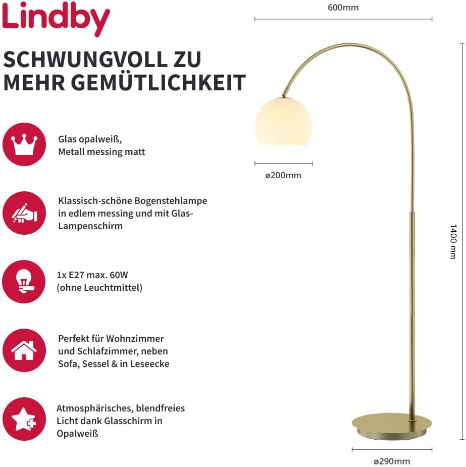 Lindby Stehlampe Metall messing, Bogenlampe mit Fußschalter 1x E27 ohne Leuchtmittel Leselampe Standlampe Wohnzimmer Stehleuchte Wohnzimmerlampe