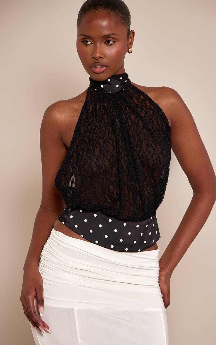 Noir Haut Col Halter À Garniture Tissée Contrastante En Dentelle