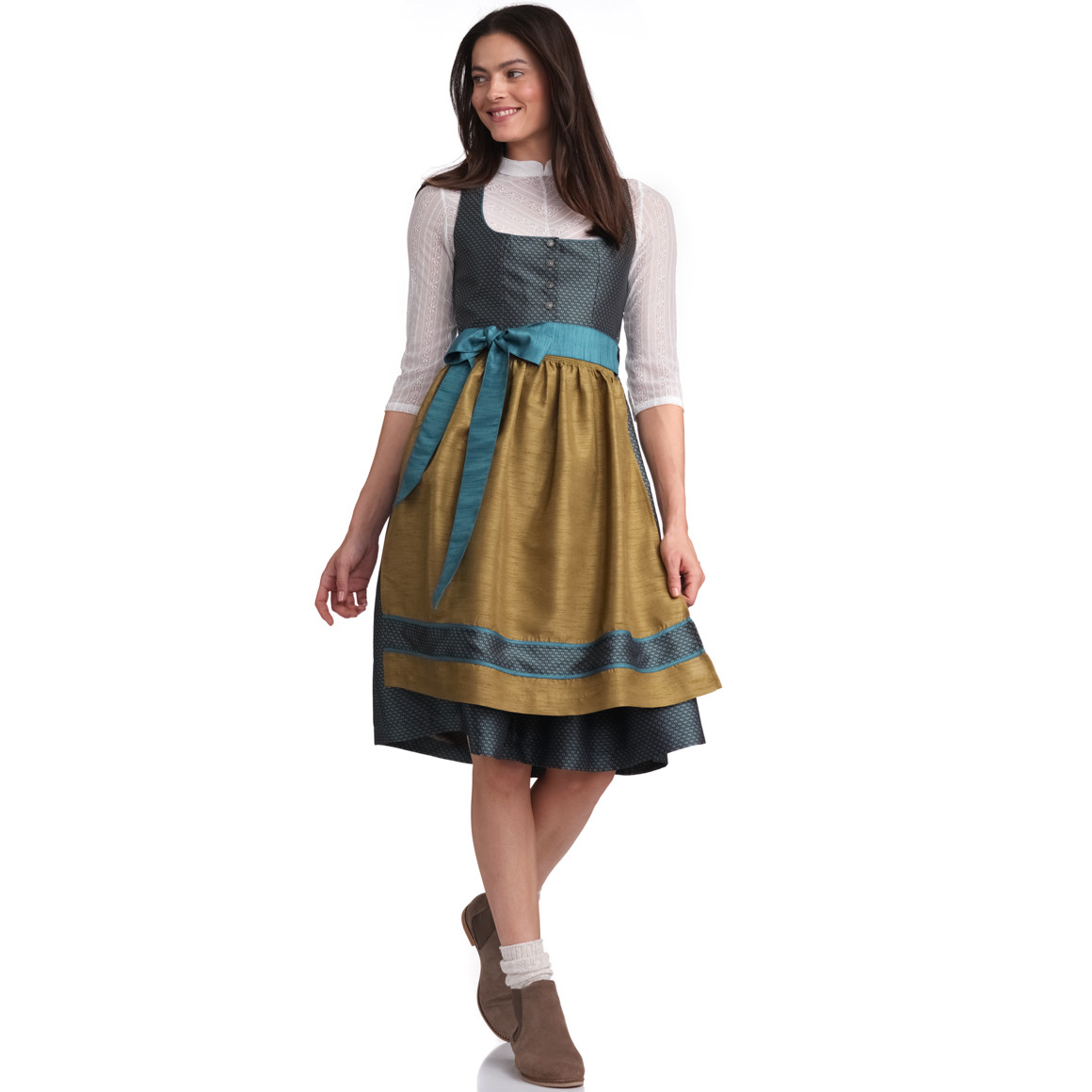 Gina Benotti Damen Dirndl mit Jacquard-Muster petrol / helloliv