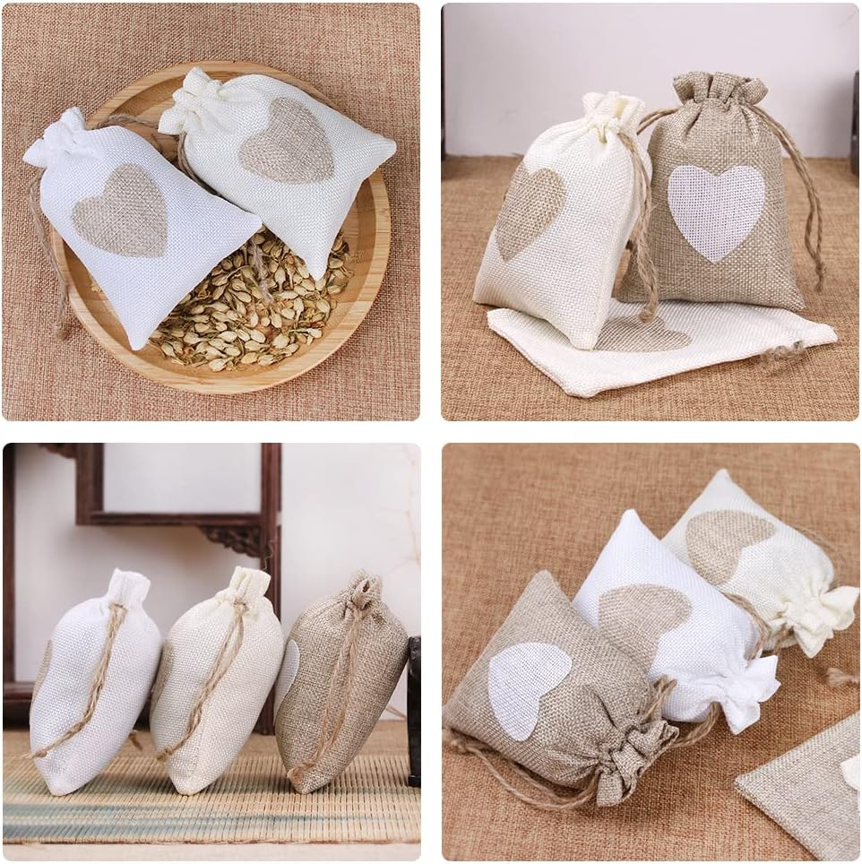 (5er Set) 18x13cm Jute Geschenk Beutel Herz Gift Bag mit Kordelzug - Braun / Weiss