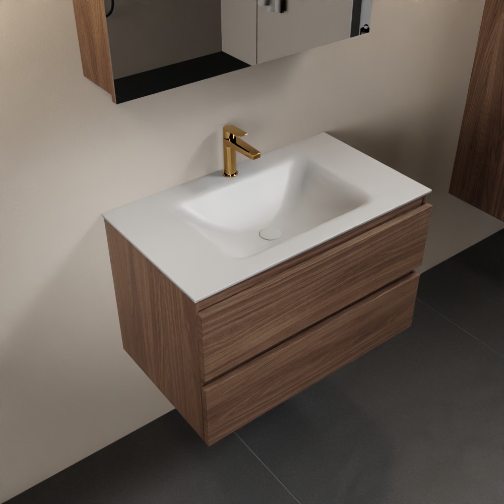 Mondiaz Aivy badmeubel 80cm mocha met wastafel solid surface talc midden 1 kraangat en spiegelkast