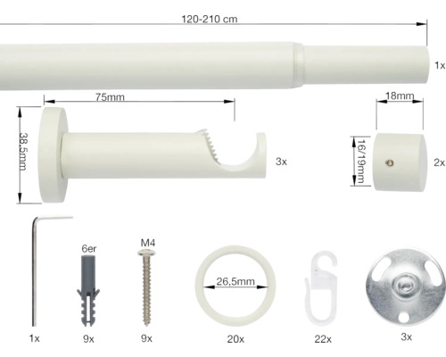 Uitschuifbare gordijnroedeset, Cosy warm grijs, 120-210 cm, Ø 16/19 mm