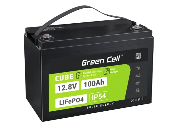 Green Cell LFPGC12V100AH, Lithium jern fosfat (LiFePO4), 12,8 V, Sort, Grøn, 100 At, 1280 Wh, 10 År