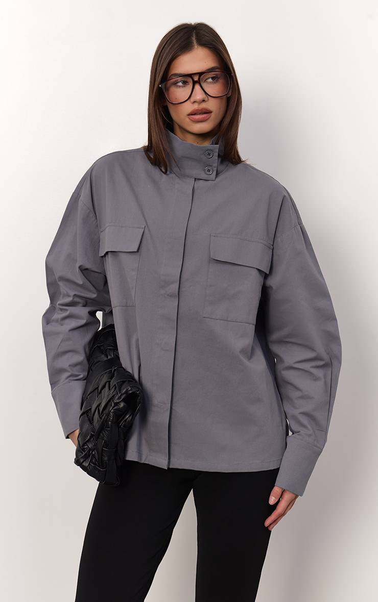 Gris Chemise Ample En Coton À Col Montant