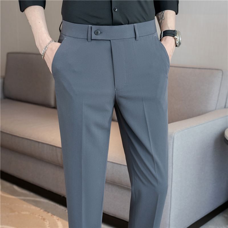 Lefitt - Mid Rise Plain Cropped Straight Leg Dress Pants