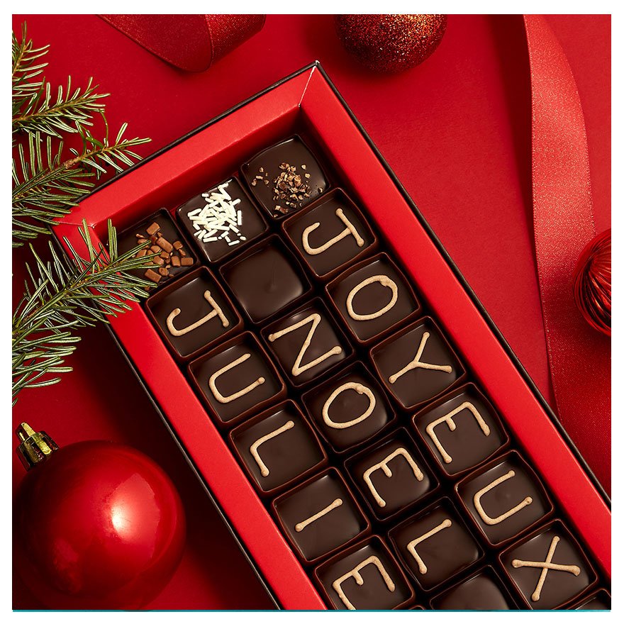Boite à message chocolats fourrés assortis - 3 lignes - Spécial Noël