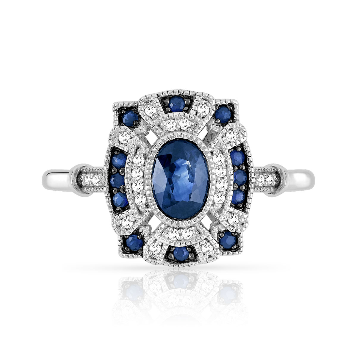 Bague or 750 blanc ovale saphirs et diamants