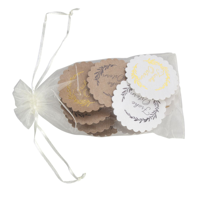 Geschenkclips - Frohe Ostern - aus Holz und Papier - ø ca. 6,2 cm - 12 Stück