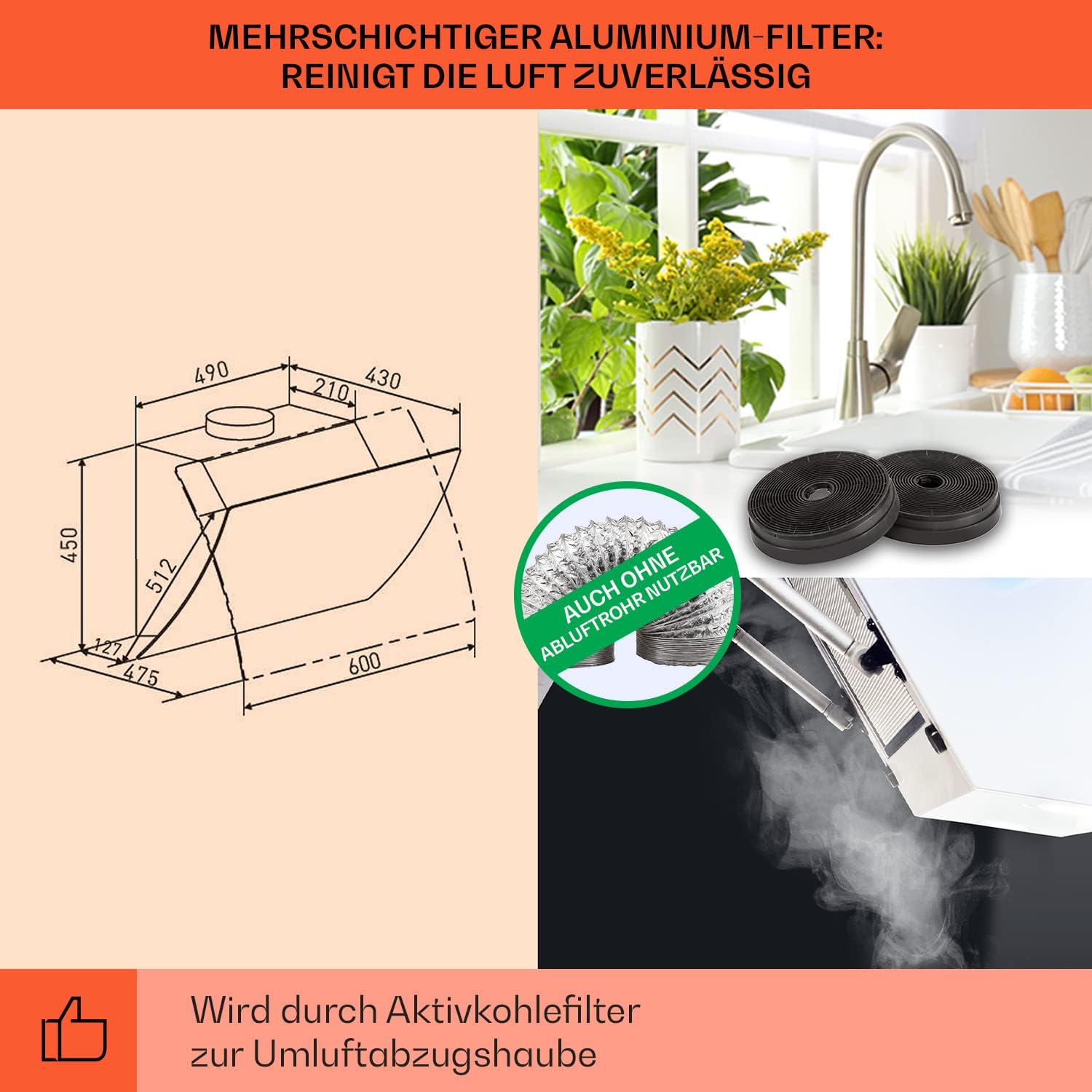 Klarstein Dunstabzugshaube Umluft/Abluft, Leise Abzugshaube, Edelstahl Wandhaube, Dunstabzugshaube mit Filter, Dunstabzugshaube 60cm, Umlufthaube mit LED-Licht, Dunstabzug Kopffrei 509 m³/h Luftstrom