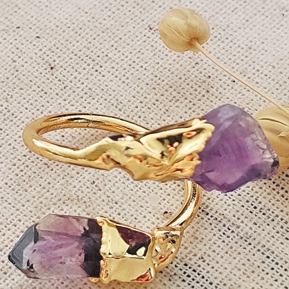 Bague ajustable - Laiton plaqué or & améthyste