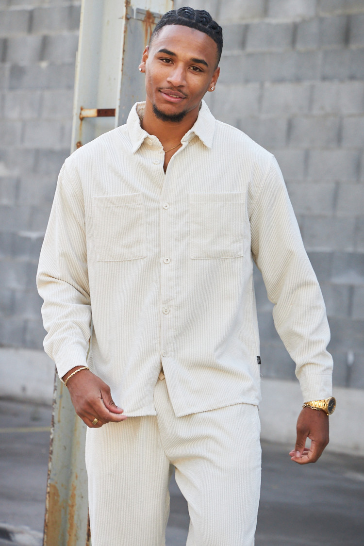 Ensemble 2 pièces chemise + pantalon en velours côtelé beige