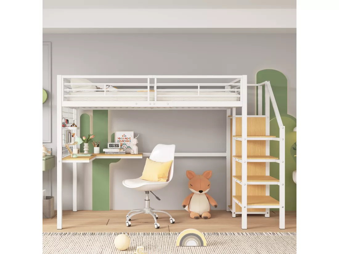 Lit mezzanine 90 x 200 cm avec bureau d'angle et armoire - fer + panneaux de particules - blanc + naturel