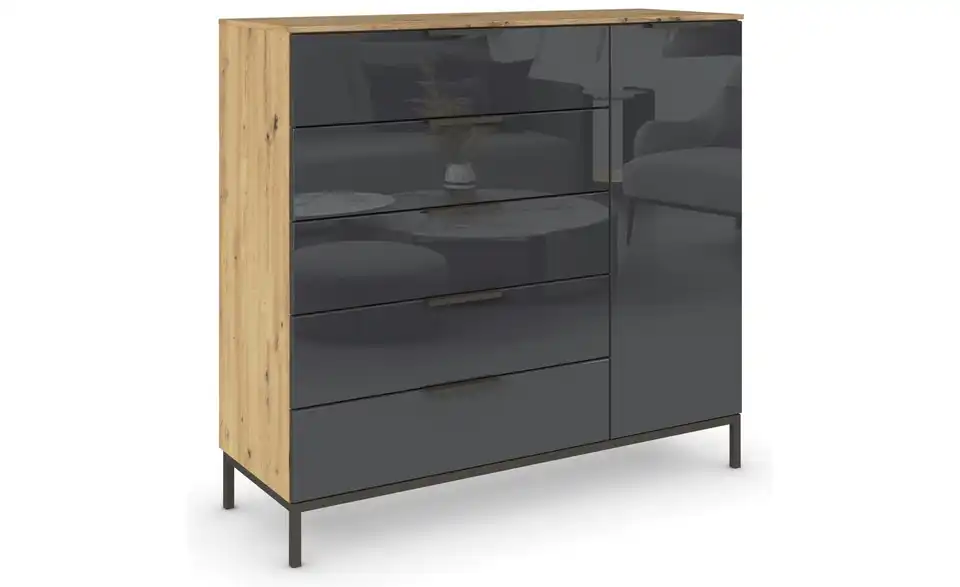 Sideboard Basaltgrau, Eiche Artisan (Nachbildung) Front: Glas, Oberboden: Dekor Graphit