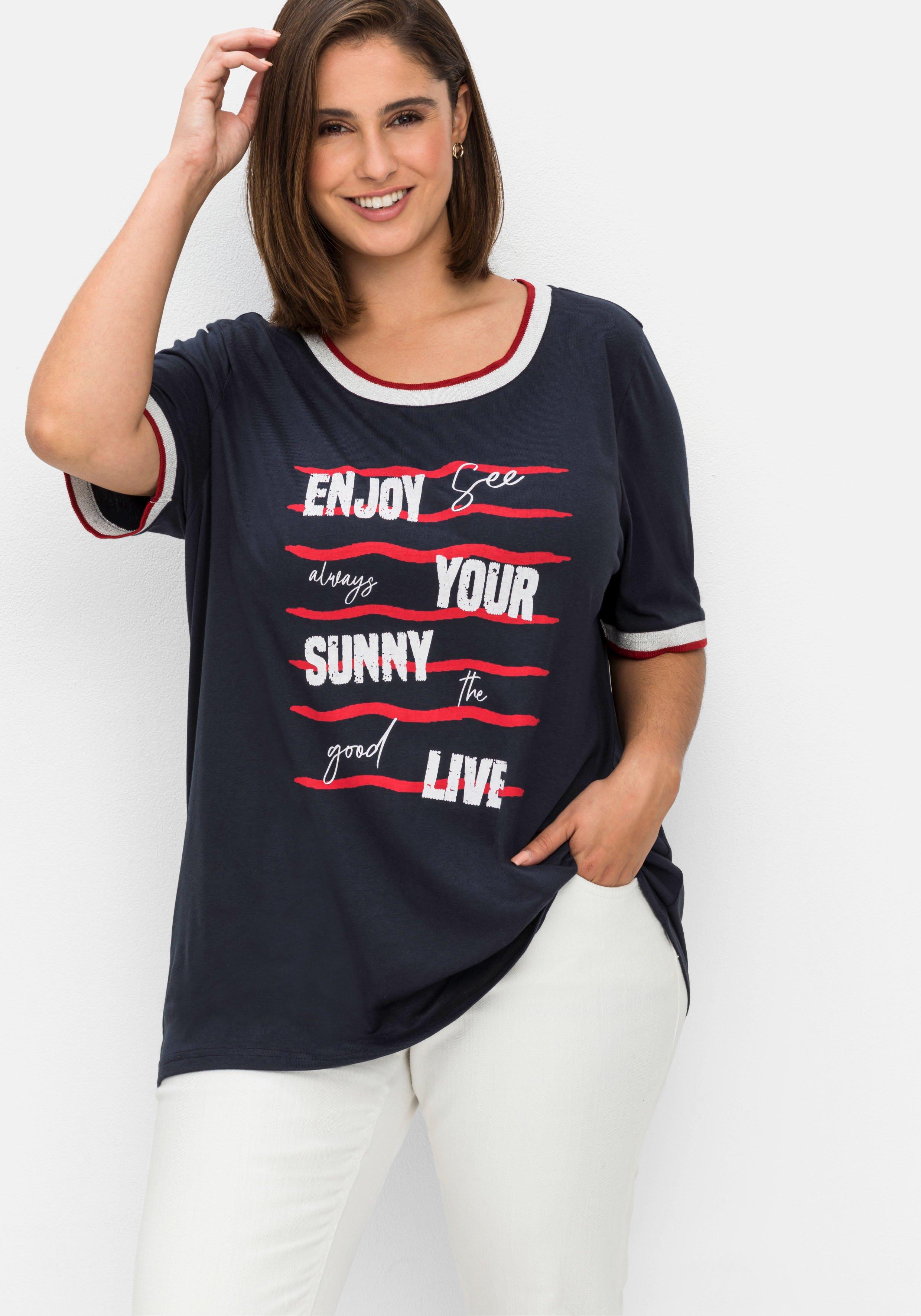 Shirt mit Wordingprint und Kontrastbündchen